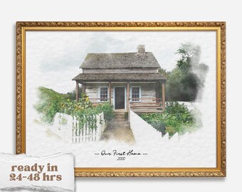 Retrato casero en acuarela a partir de una foto / Regalo de inauguración de la casa / Recuerdo de nuestra primera casa / Arte para una casa nueva / Ilustración de casa personalizada