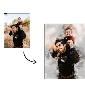 Pu&ograve; includere: Ritratto in stile acquerello di un uomo con un bambino sulle spalle. L'uomo indossa una camicia nera a maniche lunghe e una cintura marrone. Il bambino indossa un completo rosso e nero. Lo sfondo &egrave; un mix di toni neutri.