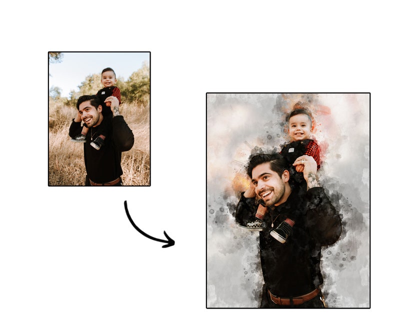 Pu&ograve; includere: Ritratto in stile acquerello di un uomo con un bambino sulle spalle. L'uomo indossa una camicia nera a maniche lunghe e una cintura marrone. Il bambino indossa un completo rosso e nero. Lo sfondo &egrave; un mix di toni neutri.
