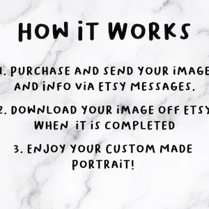 Pu&ograve; includere: Sfondo bianco marmorizzato con testo nero che recita "HOW IT WORKS". Il testo spiega il processo: acquista e invia l'immagine tramite i messaggi di Etsy, scarica l'immagine da Etsy al termine e goditi il tuo ritratto personalizzato.