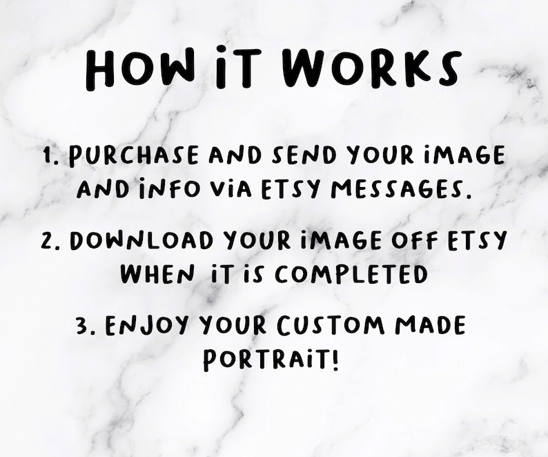 Pu&ograve; includere: Sfondo bianco marmorizzato con testo nero che recita "HOW IT WORKS". Il testo spiega il processo: acquista e invia l'immagine tramite i messaggi di Etsy, scarica l'immagine da Etsy al termine e goditi il tuo ritratto personalizzato.