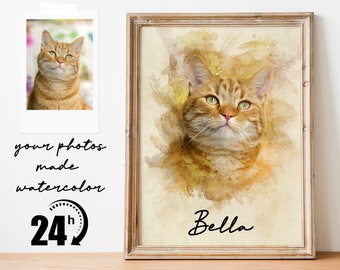Personalized Watercolor Cat Portrait from Photo, Dog Portrait, Loss of Dog Cat Pet Gift Memorial, Painting from Photo, Pet Portrait Custom