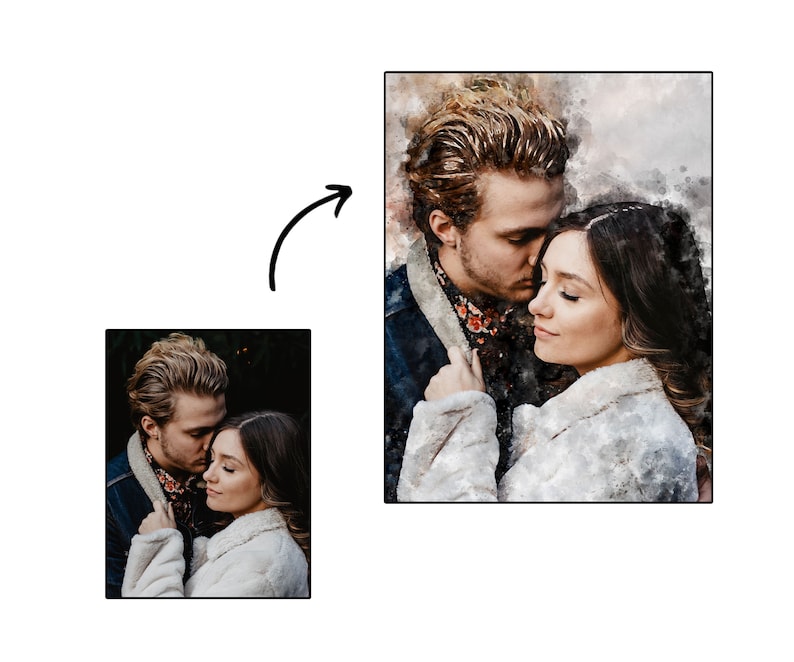 Pu&ograve; includere: Ritratto in stile acquerello di una coppia che si abbraccia. L'uomo indossa una giacca di jeans sopra una camicia floreale, mentre la donna ha un cappotto di pelliccia bianco. L'immagine ha un'atmosfera morbida e romantica, incentrata sulla vicinanza e l'affetto della coppia.