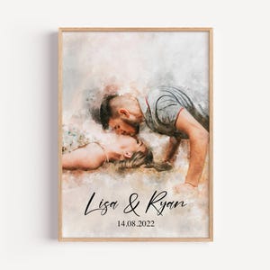 Pu&ograve; includere: Stampa in stile acquerello in una cornice di legno. L'opera raffigura una coppia che si bacia, con i nomi "Lisa & Ryan" e la data "14.08.2022" scritti sotto. L'immagine ha un'estetica morbida e romantica.