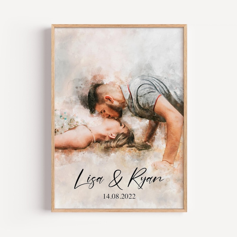 Pu&ograve; includere: Stampa in stile acquerello in una cornice di legno. L'opera raffigura una coppia che si bacia, con i nomi "Lisa & Ryan" e la data "14.08.2022" scritti sotto. L'immagine ha un'estetica morbida e romantica.