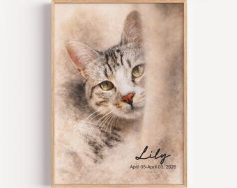 May include: A framed watercolor portrait of a cat with gray and white fur, green eyes, and a pink nose. The cat's name, "Lily," and dates "April 05-April 03, 2026" are written in cursive below the image. The frame is made of light-colored wood.