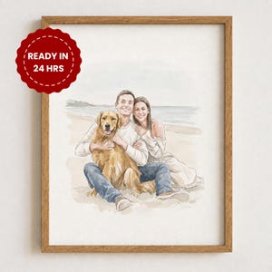 Könnte beinhalten: Eine gerahmte Illustration im Aquarellstil, die eine Person und eine Begleitung zeigt, die mit einem Golden Retriever am Strand sitzen. Das Bild enthält ein rotes kreisförmiges Abzeichen in der oberen linken Ecke mit dem weißen Text READY IN 24 HRS.