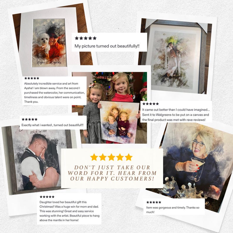 Pu&ograve; includere: Una collezione di ritratti ad acquerello incorniciati e stampe su tela, che mostrano vari soggetti. Le immagini includono ritratti di persone e animali domestici, con recensioni e testimonianze dei clienti.