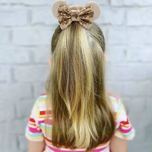 May include: A gold glitter bow with mouse ears, attached to a ponytail.