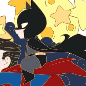 May include: A cartoon illustration of Batman riding on Superman's back, flying through the night sky with a yellow moon and stars in the background.