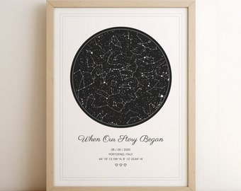 Könnte beinhalten: Ein gerahmter Kunstdruck mit einer kreisförmigen schwarzen Sternenkarte auf weißem Hintergrund. Der Text lautet When Our Story Began, 08 / 09 / 2020, PORTOFINO, ITALY, 44° 18' 13.195" N, 9° 12' 33.64" W, mit drei kleinen Herzsymbolen unter dem Text.