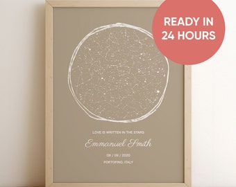 Digital Star Map By Date, Sky Printable Poster, Pastel Minimalistic Wall Art, Celestial Constellation Astronomy Gift, Mothers Day, Starmap