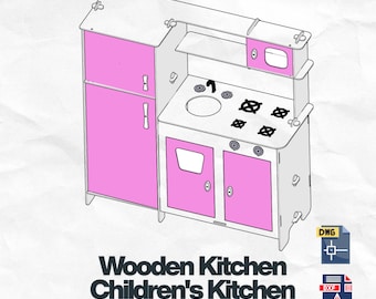 May include: A wooden children's kitchen with a refrigerator, oven, and stovetop, featuring pink doors and accents. The image includes the text "Wooden Kitchen Children's Kitchen CNC".