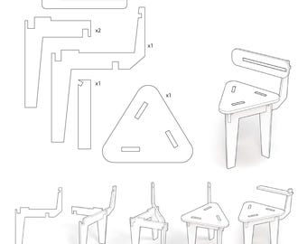 Archivos vectoriales de silla de comedor de madera cortada con láser CDR SVG DXF, planos digitales de muebles de silla de bricolaje listos para CNC, Chaise de salle à manger Ai