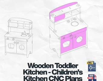 May include: Line drawing of a wooden toddler kitchen with pink accents. The kitchen features a sink, stove, and cabinet doors. The text "Wooden Toddler Kitchen - Children's Kitchen CNC Plans" is below the kitchen.