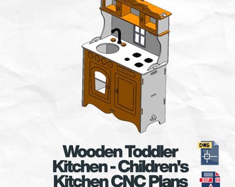 May include: A wooden toddler kitchen with a sink, stove, and cabinet doors. The kitchen is primarily brown and white, with a black faucet and stove burners. The image includes the text "Wooden Toddler Kitchen - Children's Kitchen CNC Plans."