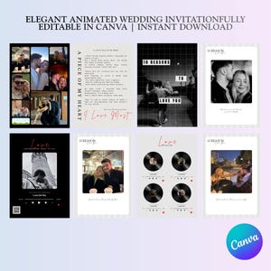 May include: A collection of animated wedding invitation templates with various designs. The templates feature photos, text, and graphics, including a collage, a poem, and a playlist. The text includes phrases like "A Piece of My Heart" and "10 Reasons to Love You."