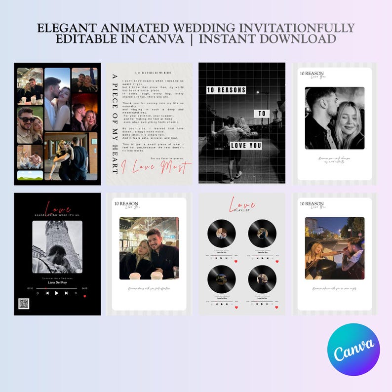 May include: A collection of animated wedding invitation templates with various designs. The templates feature photos, text, and graphics, including a collage, a poem, and a playlist. The text includes phrases like "A Piece of My Heart" and "10 Reasons to Love You."