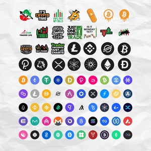 May include: A collection of colorful cryptocurrency logos and icons, including Bitcoin, Ethereum, Litecoin, and more. The logos are arranged in a grid pattern on a white background.