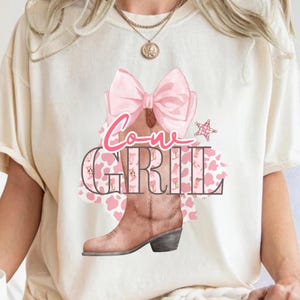 Coquette Cowgirl PNG, Western sublimation design, Soft girl era, Cowgirl boots png, Boots with bows, coquette shirt design, pink bow png