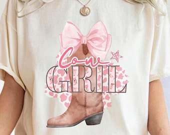 Coquette Cowgirl PNG, Western sublimation design, Soft girl era, Cowgirl boots png, Boots with bows, coquette shirt design, pink bow png