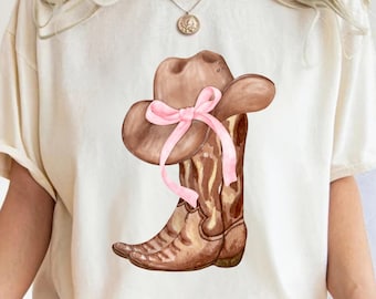 Coquette Cowgirl PNG, Western sublimation design, Soft girl era, Cowgirl boots png, Boots with bows, coquette shirt design, pink bow png