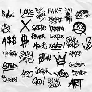 Pacchetto di testo mega Graffiti: testo vintage, testo retrò, graffiti di strada, arte da parete, testo di gioco, decalcomanie, decorazione, 36 graffiti SVG