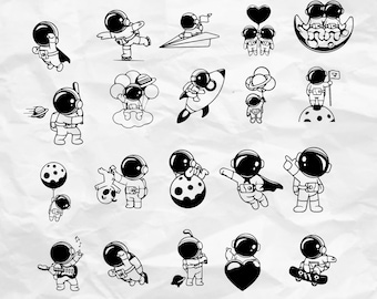 May include: A set of 20 black and white illustrations of astronauts in various poses. The astronauts are wearing spacesuits and helmets. They are holding objects such as balloons, flags, and tools. Some are flying in spaceships, while others are standing on the moon.