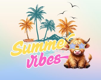 夏の雰囲気Png、ハイランド牛のデザインPng、レトロな夏のシャツのデザイン、面白いビーチシャツのプリント、夏の昇華デザイン、ビーチグラフィックPng