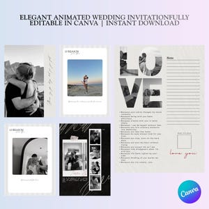 May include: A digital wedding invitation template with a romantic theme. The design includes black and white photos, the word "LOVE" in large letters, and the text "10 REASON Love You". The template is editable in Canva and available for instant download.