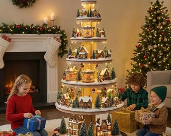 May include: A multi-tiered Christmas village display with illuminated houses, carousels, and a train. The display is surrounded by a Christmas tree, fireplace, and children opening gifts. The village is decorated with miniature trees and snow.