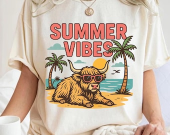 Summer vibes Png, Highland cow design Png, Retro summer shirt design, Funny beach shirt print, Summer sublimation design, Beach graphic Png