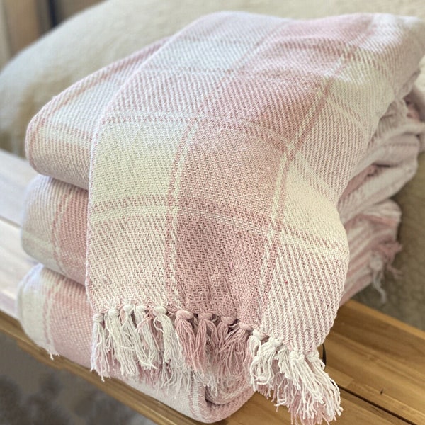 Woven Luxury 100% Cotton Blush Pink / White Tartan Checked Large Sofa/Bed Throws Blankets Fringed (Eco Friendly)