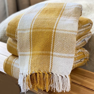 Woven Luxury 100% Cotton Mustard Yellow Ochre / White Tartan Checked Large Sofa/Bed Throws Blankets Fringed (Eco Friendly)