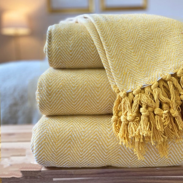 Luxury Woven 100% Cotton Mustard Yellow Ochre  Tweed Herringbone Sofa/Bed Blanket Throw Extra Large Soft Machine Washable Fringed