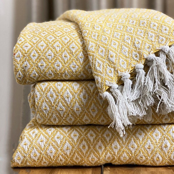 Couverture de canapé tissée 100 % coton jaune ocre/blanc jetée de lit moderne bohème à carreaux losanges et franges géométriques à carreaux X Large