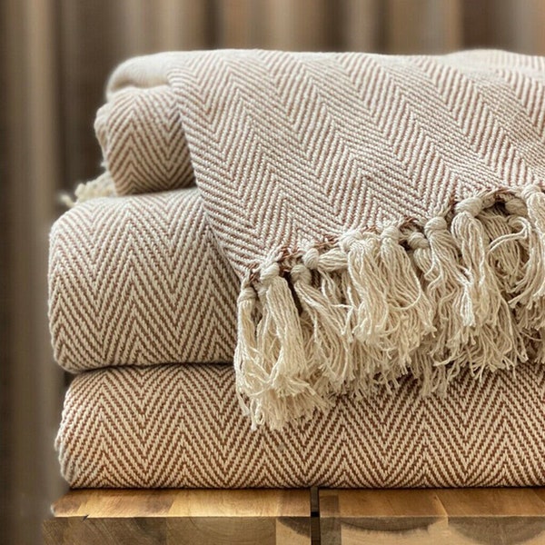 Luxe tissé 100% coton tweed marron beige naturel à chevrons pour canapé/couverture de lit, très grand, doux lavable en machine à franges