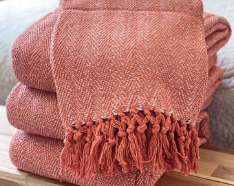 Vintage Virgin Wool Salmon Handwoven Throw Blanket With Fringe by the Three Weavers 46 X 65 Etsy