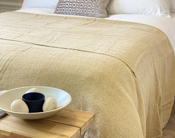 Woven 100% Cotton Double / King Size Extra Large Bedspread Throw Herringbone Chevron Design Fringeless - Mustard Yellow Ochre