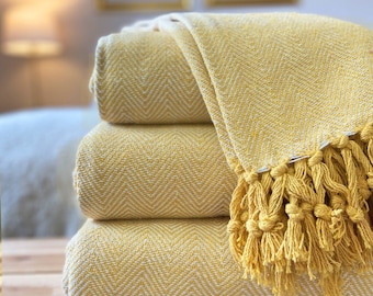 Luxury Woven 100% Cotton Mustard Yellow Ochre  Tweed Herringbone Sofa/Bed Blanket Throw Extra Large Soft Machine Washable Fringed