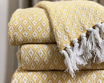 Woven 100% Cotton Ochre Yellow / White Sofa Blanket Throw Diamond Check Boho Modern Bed Throw Geometric Checked Fringed X Large