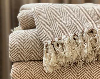 Luxury Woven 100% Cotton Natural Beige Brown Tweed Herringbone Sofa/Bed Blanket Throw Extra Large Soft Machine Washable Fringed