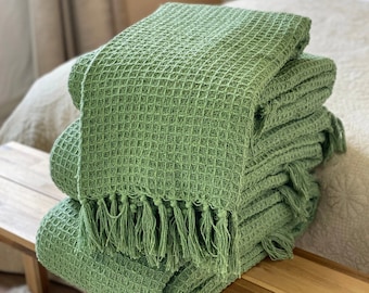 100 % coton tissé de luxe vert pistache uni minimaliste nid d'abeille pour canapé/couverture de lit très grand doux lavable en machine à franges