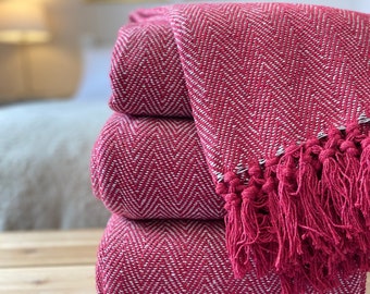 Luxury Woven 100% Cotton Deep Red Burgundy Tweed Herringbone Sofa/Bed Blanket Throw Extra Large Soft Machine Washable Fringed