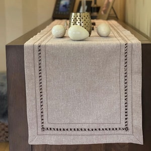 Luxury Woven Faux Linen Neutral Natural Beige Taupe Table Runner Cutwork Lace Border Plain Table Linen Contemporary Minimalist Simple image 4