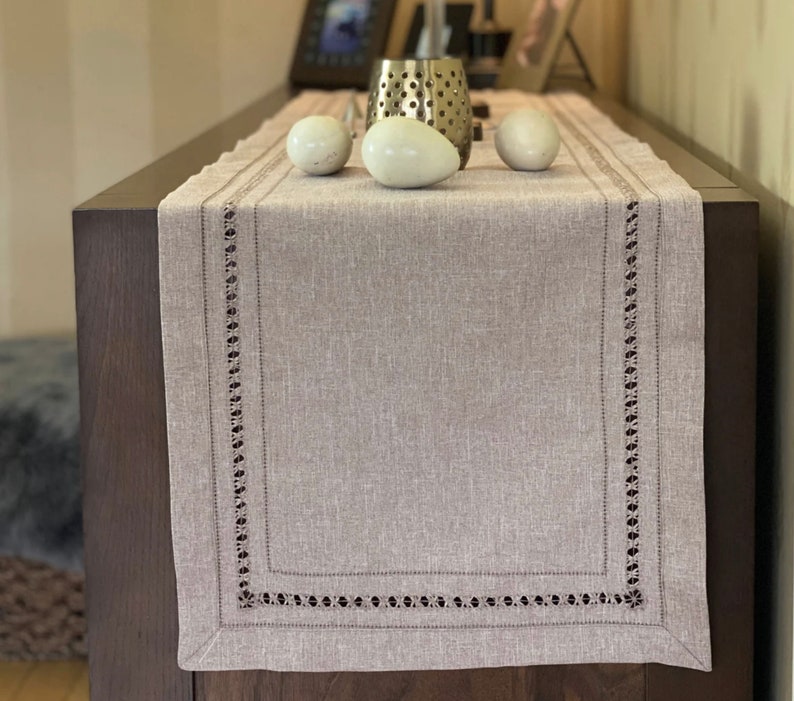 Luxury Woven Faux Linen Neutral Natural Beige Taupe Table Runner Cutwork Lace Border Plain Table Linen Contemporary Minimalist Simple image 4