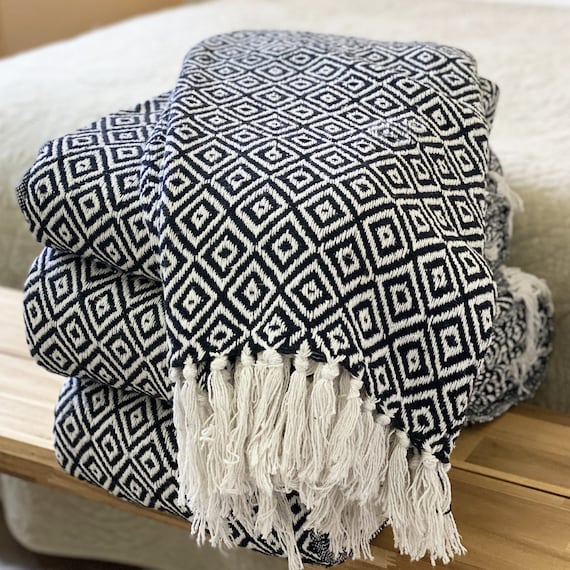 Woven 100 Cotton Black White Sofa Blanket Throw Diamond Check Boho Modern Bed Throw Geometric Checked Fringed X Large Etsy