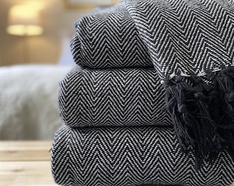 Luxury Woven 100% Cotton Charcoal Black Tweed Herringbone Sofa/Bed Blanket Throw Extra Large Soft Machine Washable Fringed