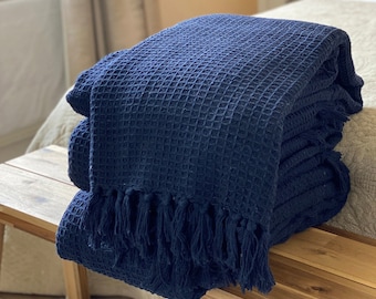 Luxury Woven 100% Cotton Warm Deep Navy Blue Plain Minimalist Honeycomb Sofa Bed Blanket Throw X Large Soft Machine Washable Fringe