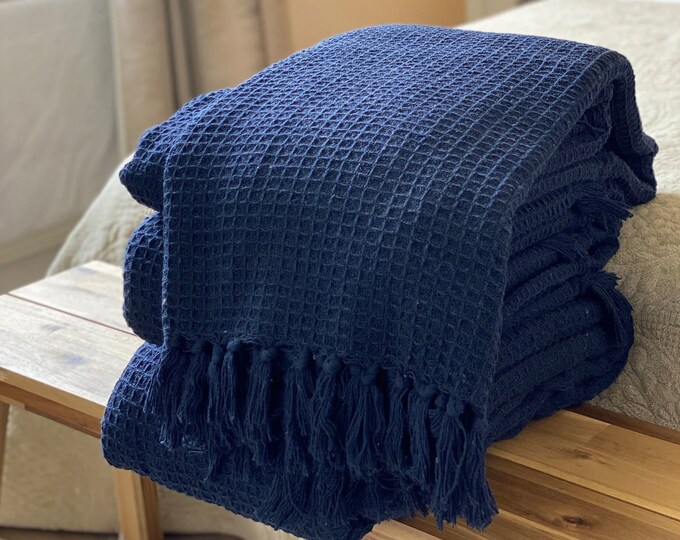 Navy Blue Loops Hand Loom Chunky Woven Sofa Throw Blankets Decorative